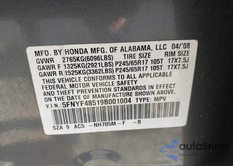 2009 Honda Pilot Ex-L из США, поврежденный, VIN 5FNYF48519B001004